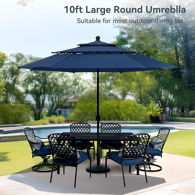 PHI VILLA 10ft Outdoor Patio Umbrellas for Outside, 3 Tier Vented Market Table Umbrella Windproof for Backyard, Deck, Garden, 1.5" Pole, Dark Blue(No Base)