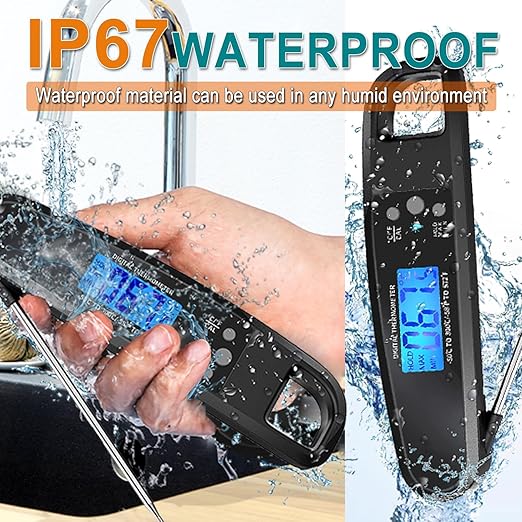 Instant Read Meat Thermometer for Kitchen Cooking, Ultra Fast Precise Waterproof Digital Food Thermometer with Backlight, Magnet and Foldable Probe for Deep Fry, Outdoor BBQ, Grill(Black)