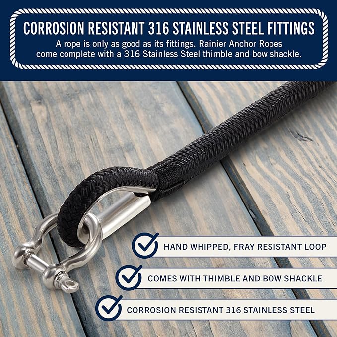RainierSupplyCo Boat Anchor Rope - Double Braided Marine Rope Anchor Line - 50 ft x 1/4 Inch Nylon Boating Line with 316 Stainless Steel Thimble and Heavy Duty Marine Grade Snap Hook - Black