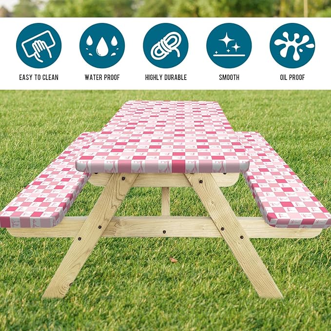 Picnic Table Cover with Bench Covers, Checkered Bownot Elastic Edges Waterproof Windproof Camping Essentials, Camping Fitted Tablecloth with Drawstring Bag, 96in, Pink White