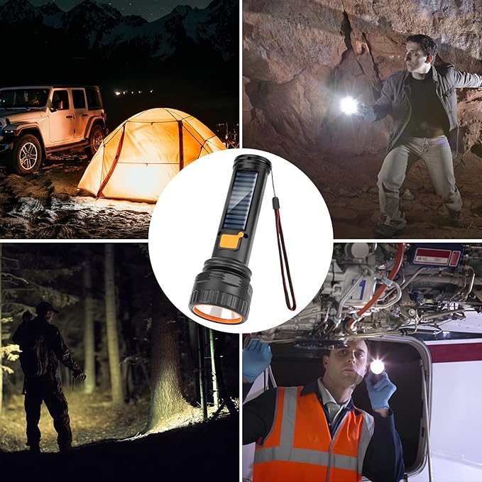 Solar Flashlights, 1500 Lumens Led Solar Powered Flashlights with Digital Display 2000mAh Battery Rechargeable Handheld Flashlights IP65 Waterproof Flashlights for Survival Emergencies, 4 Pack