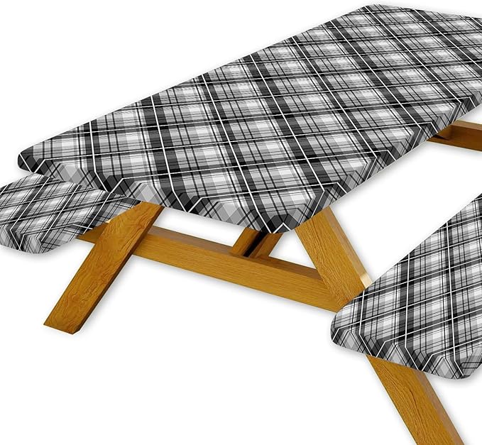 DYNH 3 Pcs Picnic Table Cover with Bench Covers, 8ft Waterproof Reusable Elastic Fitted Rectangle Picnic Table Cloths,30x96IN Black Plaid Picnic Tablecloth for Camping Patio Travel Outdoor