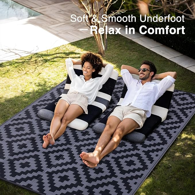 OLANLY Waterproof Outdoor Rug 9x12 ft, Outdoor Plastic Straw Rug for Camping, RV Mat Outside, Indoor Outdoor Carpet for Porch, Deck, Backyard, Balcony, Picnic, Black & Grey