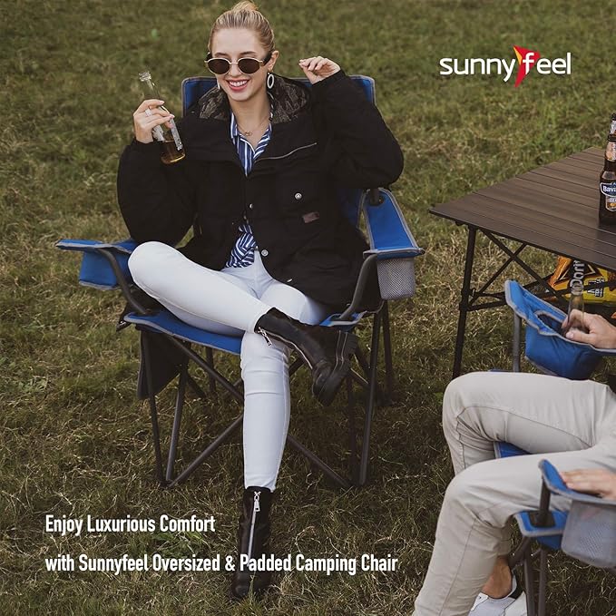 SUNNYFEEL Oversized Folding Camping Chair 500 LBS Heavy Duty Lawn Chairs with Blue Portable Folding with Armrest, Cup Holder, Pocket &Bag for Outdoor Camping/Beach/Travel/Picnic/Fishing