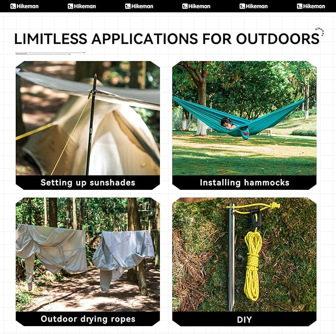 Hikeman Tent Guy Ropes 2mm-Ultralight Strong Guy Lines with Tensioner Reflective UHMWPE Fiber Tent Cord for Camping, Hiking, Backpacking Rope (Black, 39 Feet, 6 Tensioners)