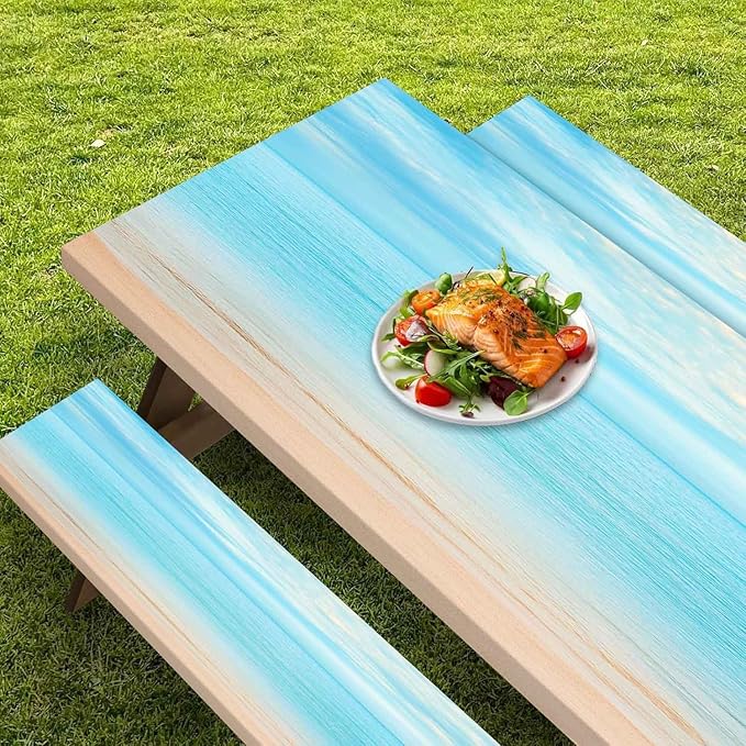 CAPSCEOLL Fitted Picnic Table Cover with Bench Covers with Elastic 6Ft Waterproof Camping Picnic Table Cover Cloths for Outdoors Camping Tablecloth with Drawstring Bag, 72X30in, Summer Beach