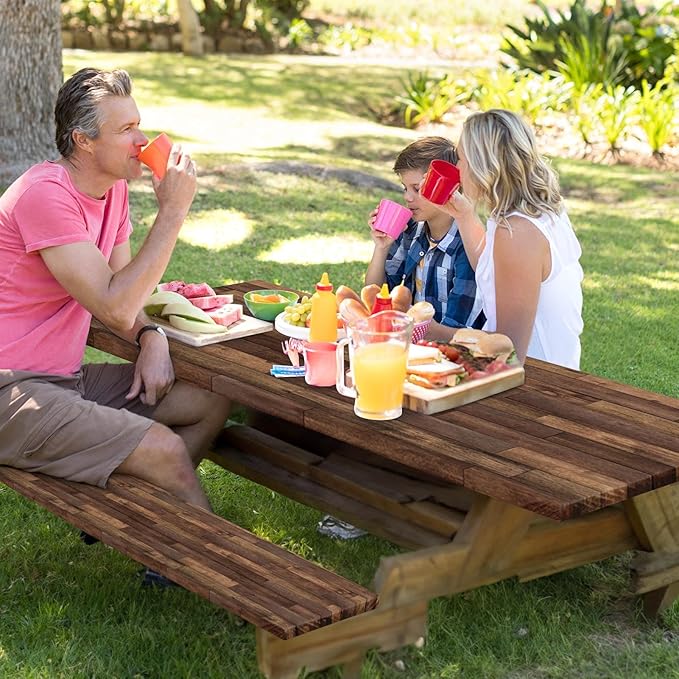 Picnic Table Cover with Bench Covers Elastic Edges, Brown Wood Fitted Table Cover, Outdoor Patio Camping Essentials 60 Inch 3PCS, Waterproof Camping Fitted Tablecloth with Drawstring Bag