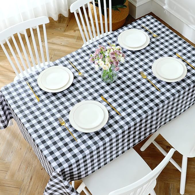 Romanstile Rectangle Vinyl PVC Tablecloth, 100% Waterproof Buffalo Plaid Plastic Table Cloth, Oil Proof Heavy Duty Wipeable Table Covers for Dining/Camping/Picnic/Outdoor - 54 x 120, Black and White