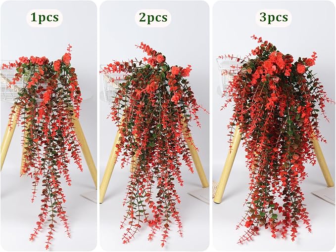 RECUTMS Artificial Monkey Hanging Plant Fake Artificial Eucalyptus Leaf Plants Faux UV Resistant Artificial Plants for Indoor Wall Room Decoration Home Backgarden Yard Porch Outdoor Decor(Orange)