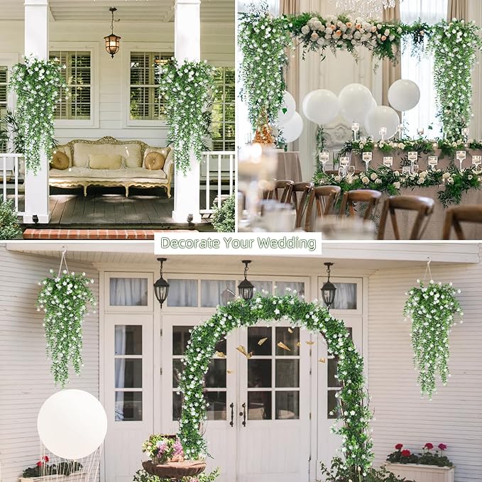 RECUTMS Artificial Hanging Plants Fake Hanging Plant Faux Eucalyptus Leaf Greenery Vine Outdoor UV Resistant Plastic Plants Home Garden Wedding Party Indoor Outdoor Decorations(White)