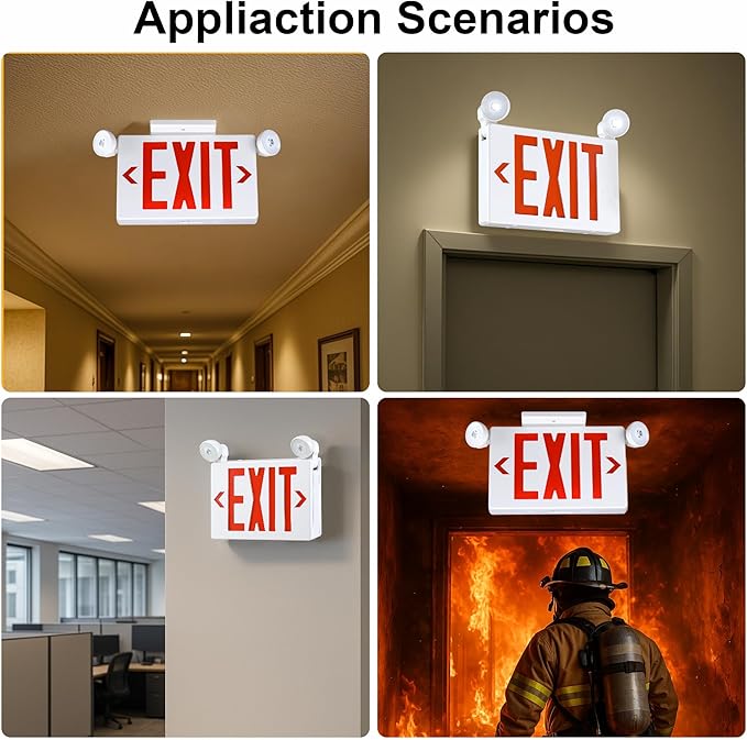 Gruenlich Exit Signs with Emergency Lights, 2 Adjustable LED Head with Battery Backup, 94V-0 Fire Resistant, AC 120/277V, Hardwired Commercial Emergency Light Combo for Business, 12 Pack