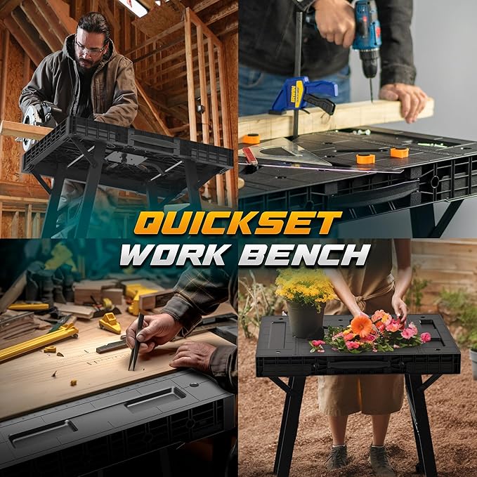 Foldable Work Bench,Easy Step Protable Work Table,34" W x 25" D x 31" H Lightweight Workbench wih 1650LBS,Work Benches for Garage,Work Bench Suitable for Garage,Workshop and Home (Black)
