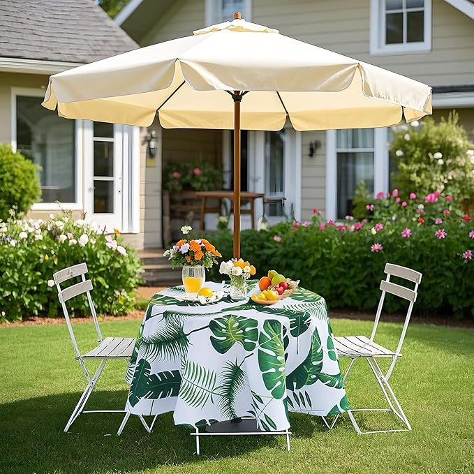 Poise3EHome 60 inches Outdoor/Indoor Waterproof Tropical Round Tablecloth with Umbrella Hole Zipper Green for Camping Picnic Party Patio Table Spring, Palm Leaf