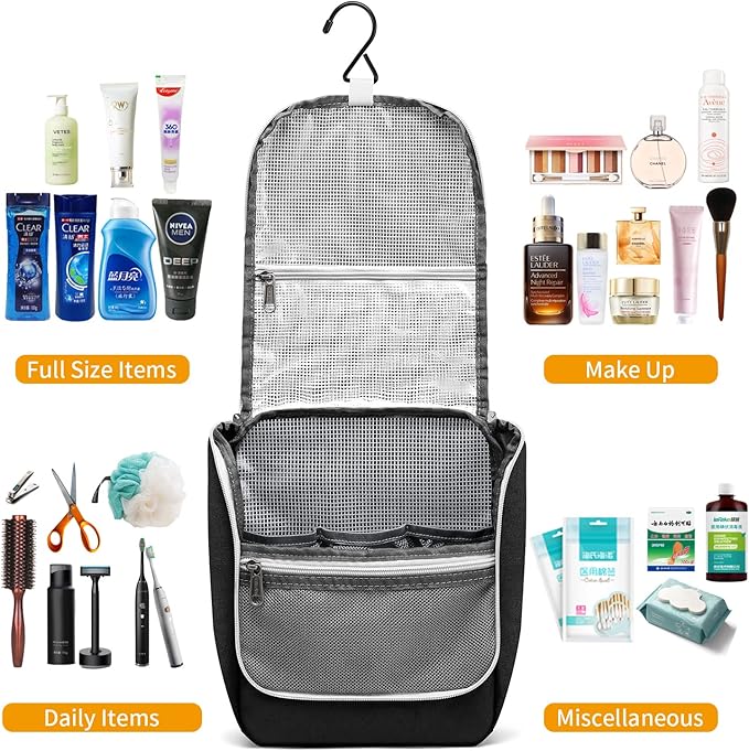 Della Gao Black Water Repellent Polyester Hanging Toiletry Bag for Travel