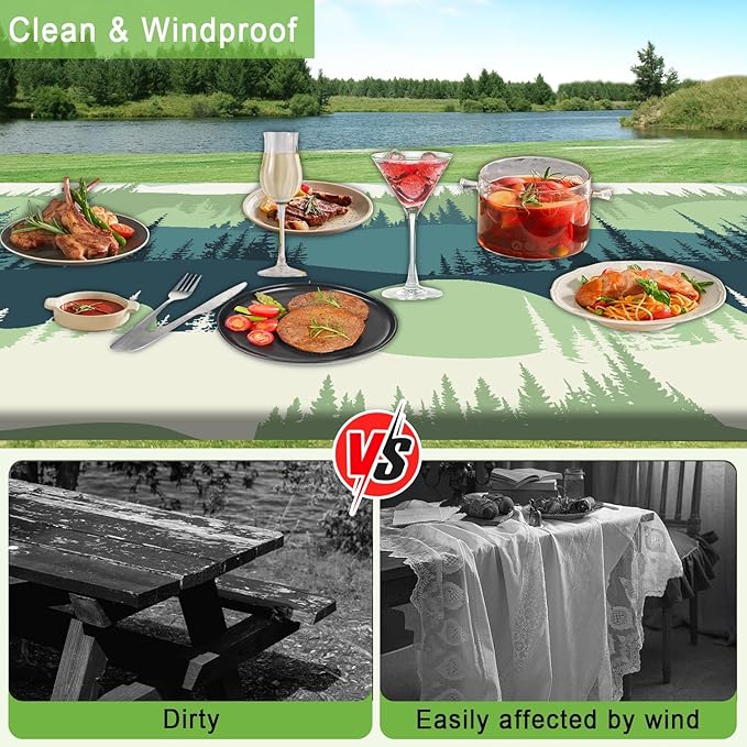 Picnic Table Cover with Bench Covers Tablecloth with Elastic Edges Waterproof Windproof Camping Essentials, Fitted Rectangle Tables and Seats, Drawstring Bag, 72in, Blue Green