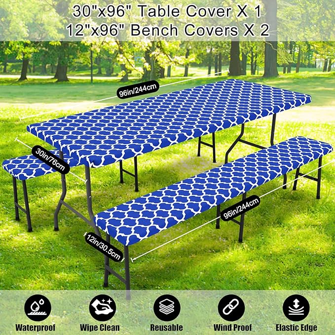Smiry Picnic Table Cover with Bench Covers, Waterproof Elastic Fitted Tablecloth for 8 Foot Tables, Washable Polyester Tablecloths for Camping, Indoor & Outdoor (Blue Morocco, 30x96 Inch 3-pc Set)