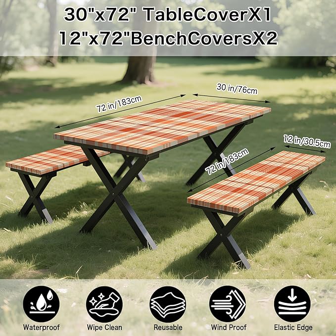 Orange Picnic Table Cover with Bench Covers, 3 Pcs Waterproof Elastic Picnic Table Cover Fall Outdoor Camping Essentials, Windproof Fitted Tablecloth for Indoor Outdoor (Plaid, 72X30 Inch)