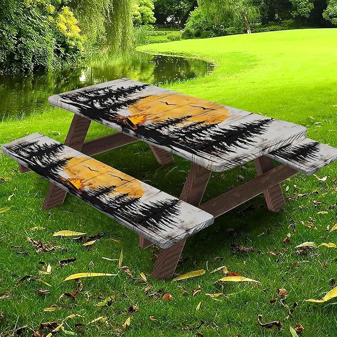 CAPSCEOLL Fitted Picnic Table Cover with Bench Covers with Elastic 6Ft Waterproof Camping Picnic Table Cover Cloths for Outdoors Tablecloth with Drawstring Bag, 72X30in, Camping on Wood