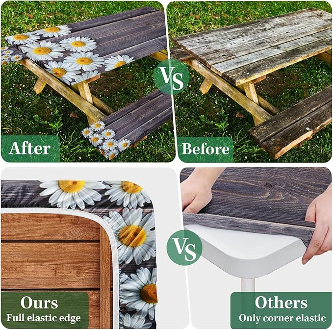 Picnic Table Cover with Bench Covers Elastic Edges, Chamomile Flower Fitted Table Cover, Outdoor Patio Camping Essentials 60 Inch 3PCS, Waterproof Camping Fitted Tablecloth with Drawstring Bag