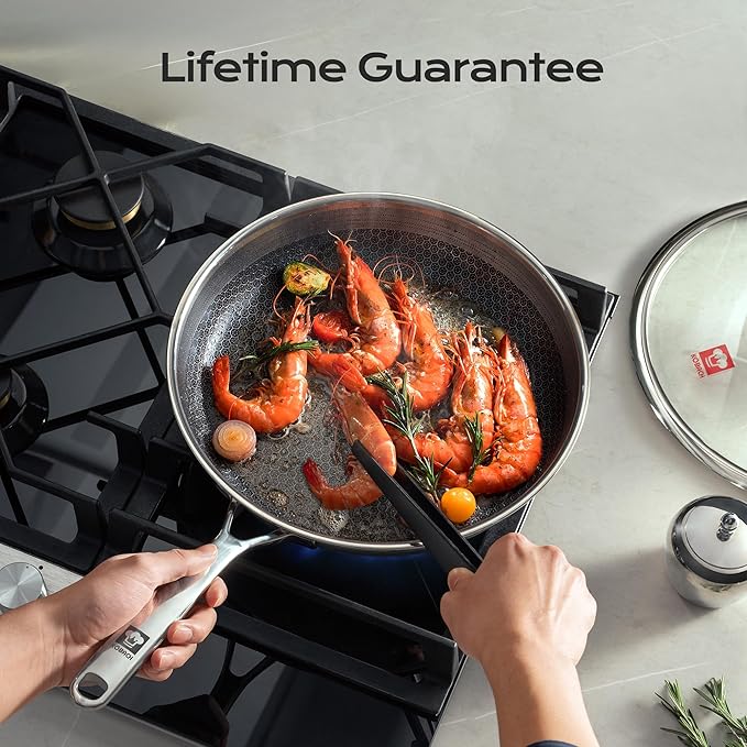 10in+Lid Nonstick Frying Pan - Stainless Steel Skillet, Dishwasher & Oven Safe, Compatible with Induction & Gas Stoves, Non-Toxic & Easy to Clean