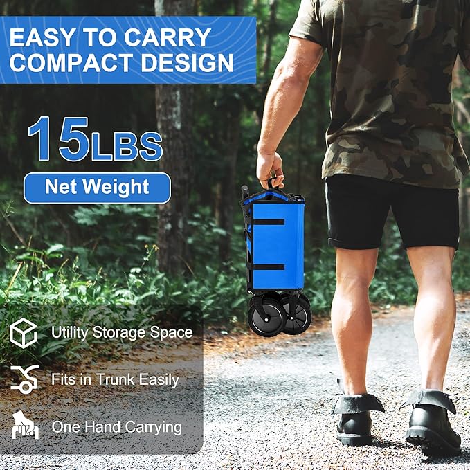Collapsible Wagon Carts,Folding Wagon Cart with All Terrain Wheels,Heavy Duty Garden Carts with Adjustable Handle,Outdoor Utility Wagon for Camping Shopping Sports Fishing(Blue)