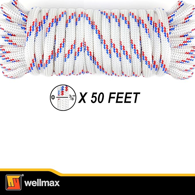Wellmax Diamond Braid Nylon Rope, 3/8 in X 50 Foot, UV Resistant, High Strength and Weather Resistant - Red and White