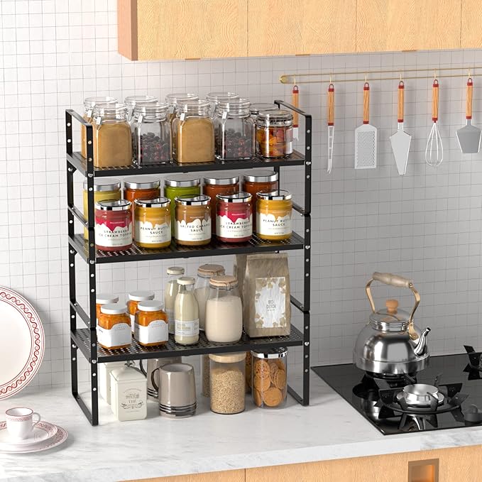 Redrubbit Expandable Cabinet Storage Shelf, Adjustable Height Steel Metal Kitchen Counter Organizers Shelves Spice Rack for Kitchen Pantry Bathroom Cupboard Desk Home Office, Black-3 Pack