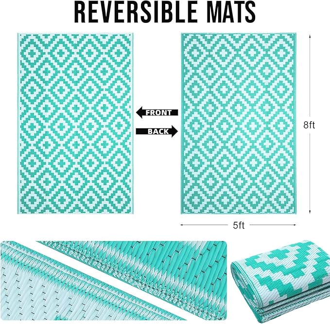 OLANLY Waterproof Outdoor Rug 5x8 ft, Outdoor Plastic Straw Rug for Camping, RV Mat Outside, Outdoor Carpet for Porch, Deck, Backyard, Balcony, Picnic, Turquoise & White