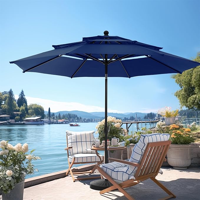 PHI VILLA 10ft Outdoor Patio Umbrellas for Outside, 3 Tier Vented Market Table Umbrella Windproof for Backyard, Deck, Garden, 1.5" Pole, Dark Blue(No Base)