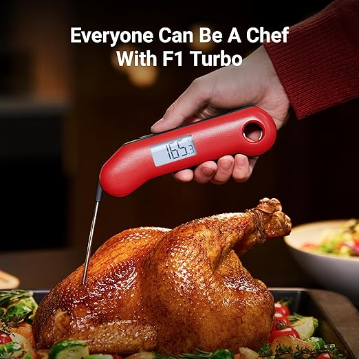ProfessionaI Meat Thermometer Digital, 3X Faster 0.5 Sec Instant Read, NIST Certified Accuracy ±0.5°F, 100% Waterproof Probe, Auto-Rotate Bright Indicator, for Candy/Grill/BBQ, Red & Gray