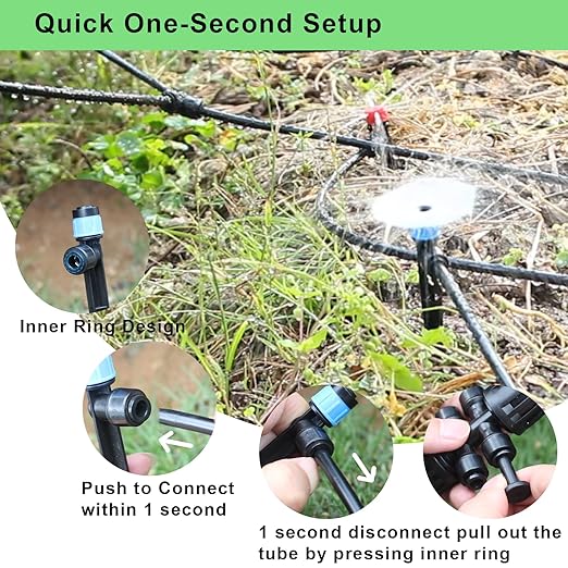 247FT Drip Irrigation Kit โ 2025 New Quick-Connect Micro Irrigation System with 1/4'' 1/2'' Tubing, Locking Nozzle Emitters, Adjustable Misting Sprayers for Gardens, Lawns,Raised Beds and Greenhouses
