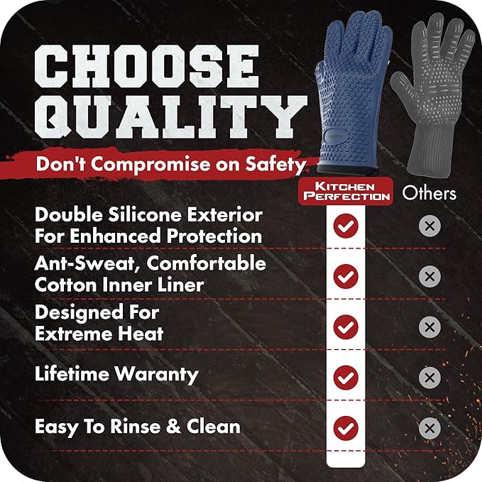 KITCHEN PERFECTION Silicone Smoker Oven Gloves -Extreme Heat Resistant BBQ Gloves -Handle Hot Food Right on Your Smoker Grill Fryer Pit|Waterproof Oven Mitts Grill Gloves |Superior Value Set+3 Bonuses
