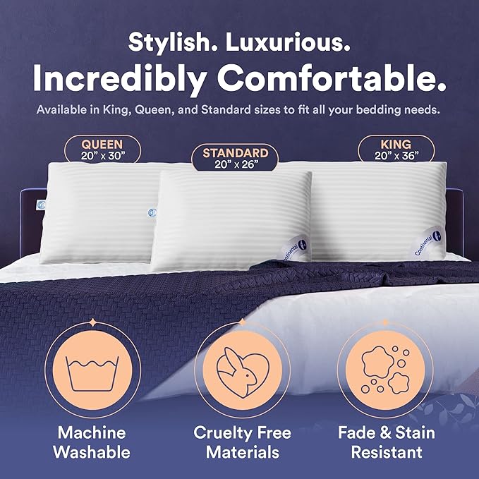 Continental Bedding | Serenity Goose Down Pillow | 700 Fill Power Hungarian White Down | 400TC Cotton Damask Shell | Made in USA | Medium, Standard (Pack of 1)