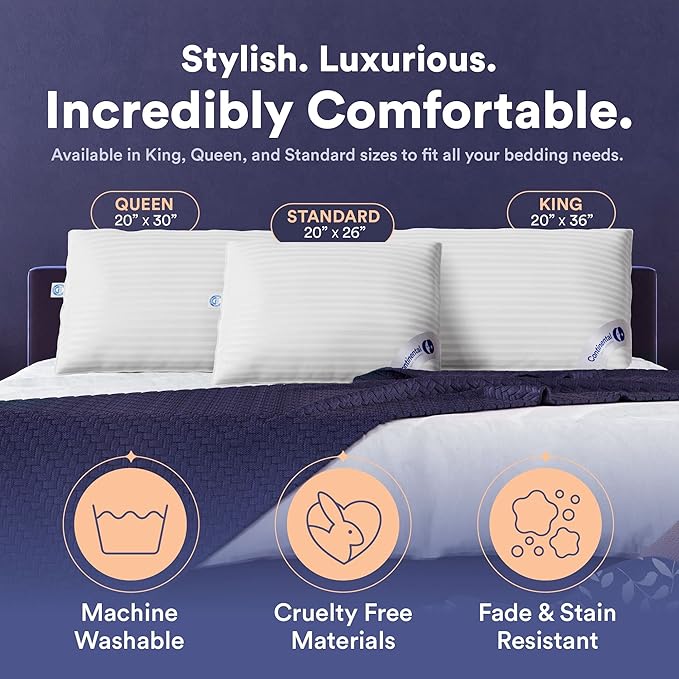 Continental Bedding | Serenity Goose Down Pillow | 700 Fill Power Hungarian White Down | 400TC Cotton Damask Shell | Made in USA | Medium, Standard (Pack of 2), 2 Count
