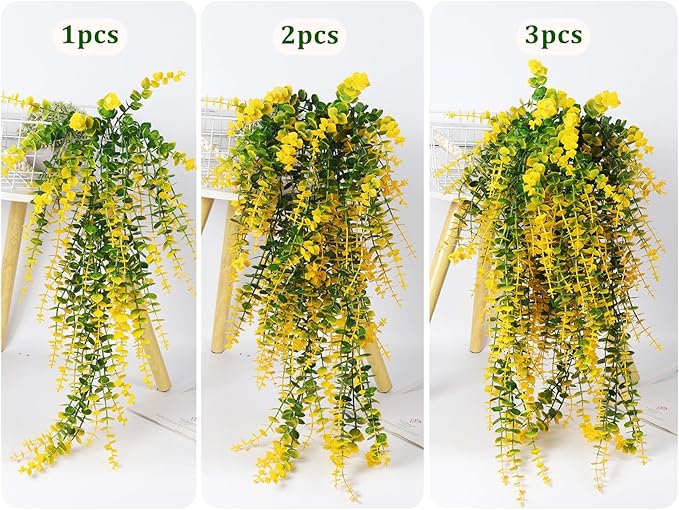 RECUTMS Artificial Plants Hanging Outdoor Fake Plants Hanging Vines Faux Eucalyptus Leaves Greenery Vines Fake Vines Plants for Room Wall Decor Garden Outdoor Wedding Courtyard Decoration(Yellow)