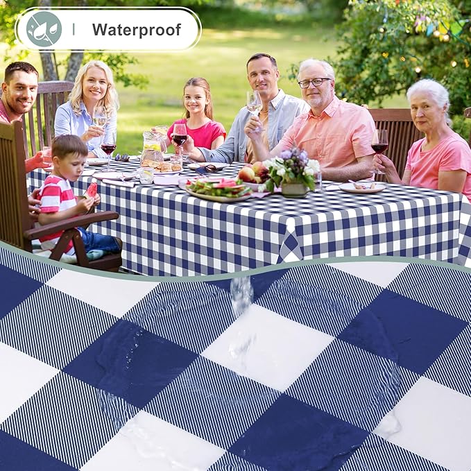 misaya Rectangle Waterproof Vinyl Table Cloth, Buffalo Flannel Backed Tablecloth, Wipeable Plastic Table Cover for Dinner, Kitchen, Outdoor (60" x 120", White and Navy)
