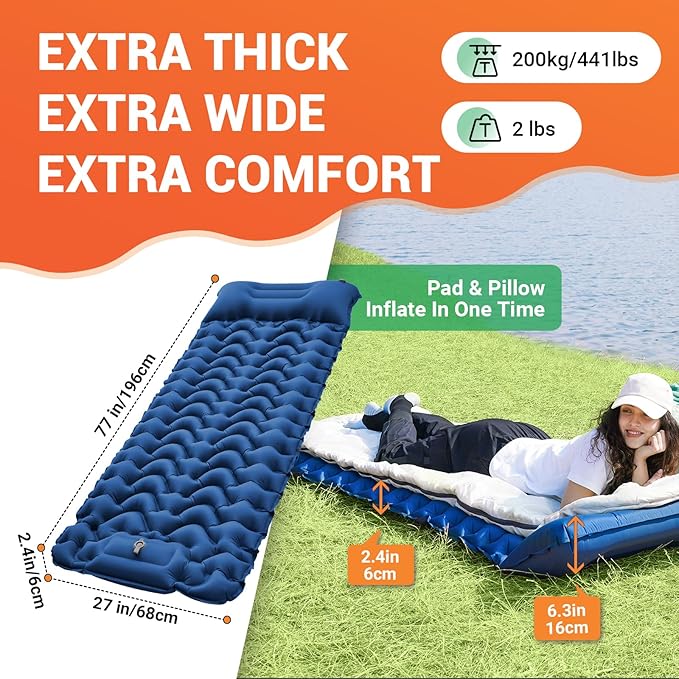 KingCamp Sleeping Pad for Camping, Ultralight Connectable Inflatable Sleeping Pad Camping Mattress with 6.3" Built-in Pillow & Foot Pump for Backpacking Hiking Tent Cot