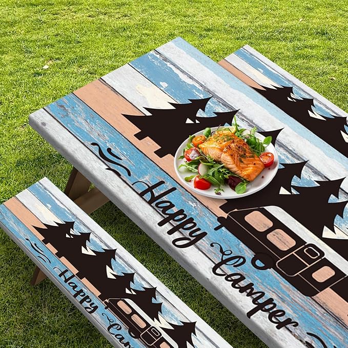 Picnic Table Cover with Bench Covers Elastic Edges, Blue Camper Fitted Table Cover, Outdoor Patio Camping Essentials 72 Inch 3PCS, Waterproof Camping Fitted Tablecloth with Drawstring Bag