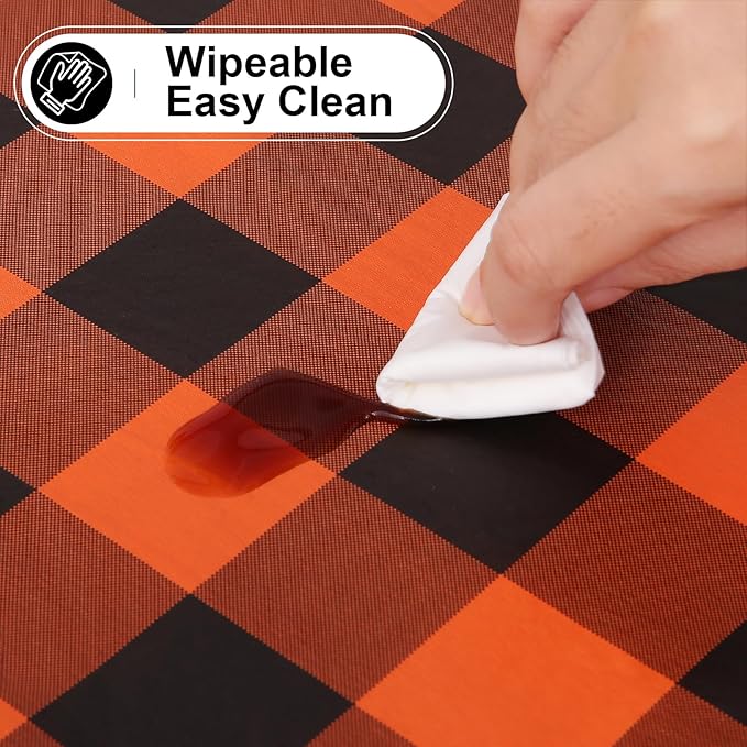 misaya Rectangle Waterproof Vinyl Table Cloth, Buffalo Flannel Backed Tablecloth, Wipeable Plastic Table Cover for Dinner, Kitchen, Picnic (60" x 120", Orange and Black)