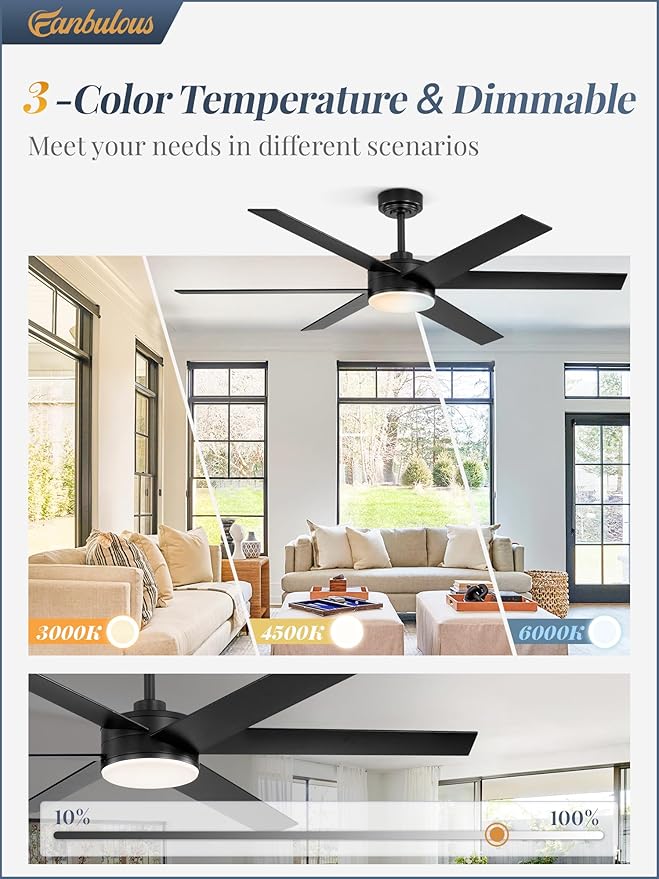 56 Inch Ceiling Fans with Lights and Remote, Reversible 6 Blades, Dimmable, 3000K-6000K Adjustable, Outdoor Ceiling Fans for Patios, Large Ceiling Fan for Indoor or Covered Outdoor-Black