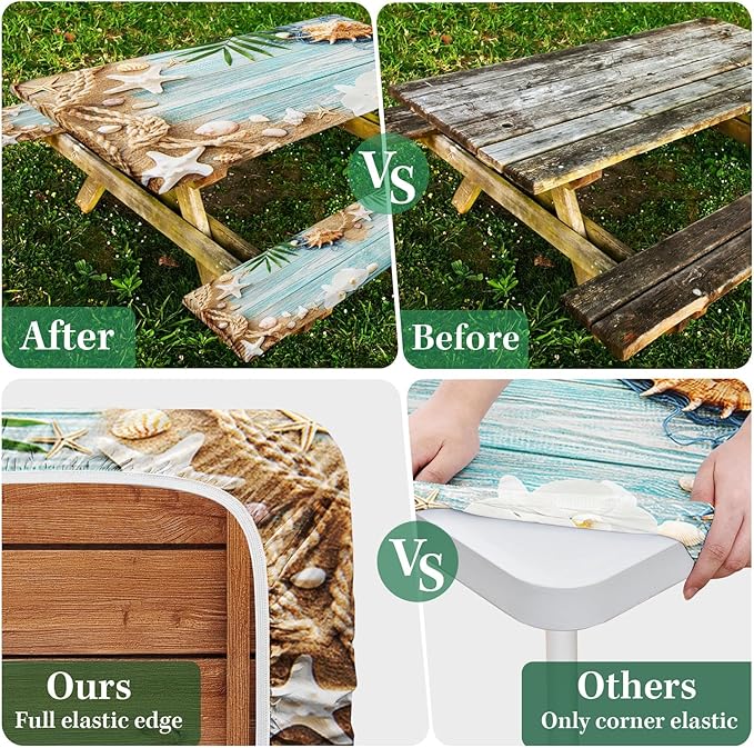 Picnic Table Cover with Bench Covers Elastic Edges, Beach Ocean Fitted Table Cover, Outdoor Patio Camping Essentials 72 Inch 3PCS, Waterproof Camping Fitted Tablecloth with Drawstring Bag