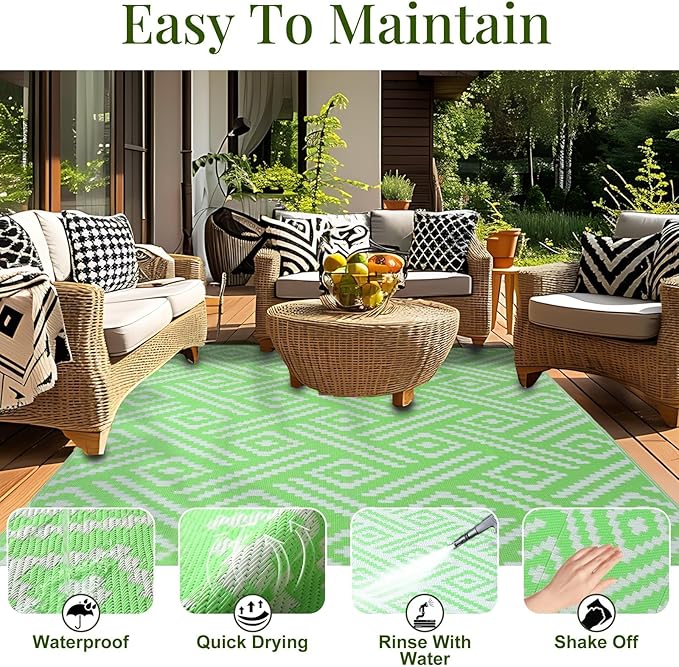OPPODREAM Outdoor Rug 5x8 Ft, Waterproof Outdoor Plastic Straw Rug for Patio, Reversible Out Door Carpet for Camping, Deck, Rv, 5 x 8 Area Carpet for Balcony, Porch, Backyard, White and Green