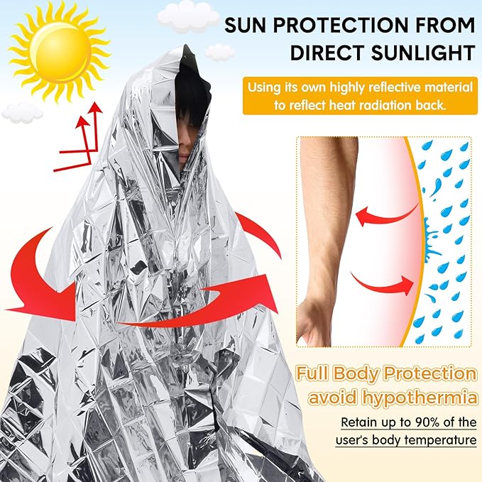 100 Pcs Emergency Blankets for Survival 83 x 55 Emergency Foil Thermal Reflective Space Blanket Bulk Waterproof Individually Wrap Survival for Car Camping Outdoor Homeless