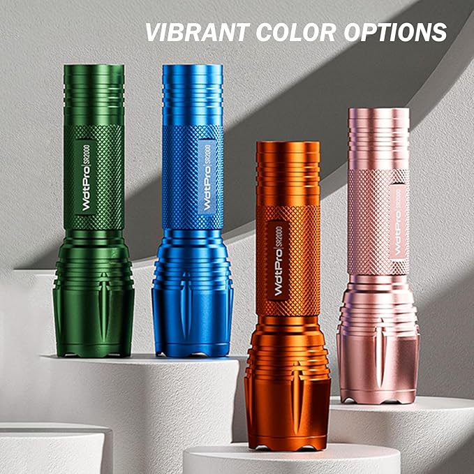 WdtPro LED Flashlight High Lumens SR2000 Pro, 4 Pack Brighter Tactical Flashlights with 5 Modes & Zoomable, Powerful Mini Flash Light for Emergency, Camping, Hiking (Colorful)