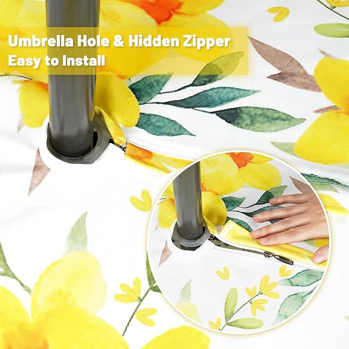 SquarePie Round Outdoor Talecloth, 60'' Waterproof Spill Proof Patio Table Cloth Cover with Umbrella Hole and Zipper for Spring Summer Party Picnic,Yellow Flower