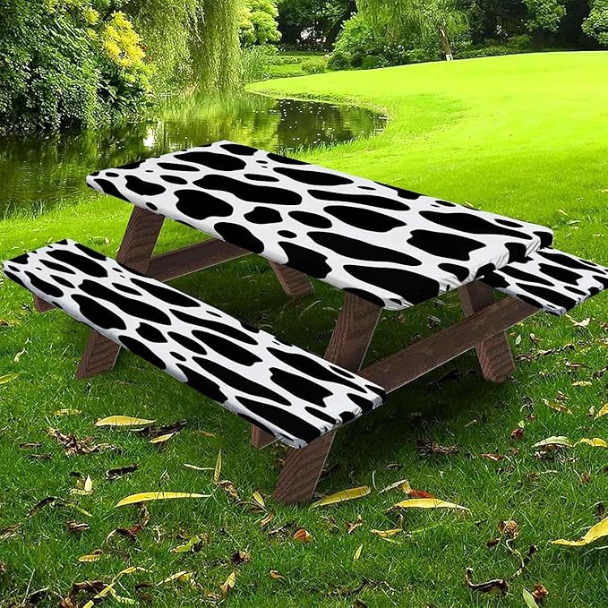 CAPSCEOLL Fitted Picnic Table Cover with Bench Covers with Elastic 6Ft Waterproof Camping Picnic Table Cover Cloths for Outdoors Camping Tablecloth with Drawstring Bag, 72X30in, Black White