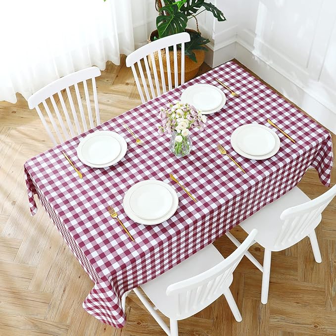 Romanstile Rectangle Vinyl PVC Tablecloth, 100% Waterproof Buffalo Plaid Plastic Table Cloth, Oil Proof Heavy Duty Wipeable Table Covers for Dining/Camping/Picnic/Outdoor - 60 x 102, Burgundy
