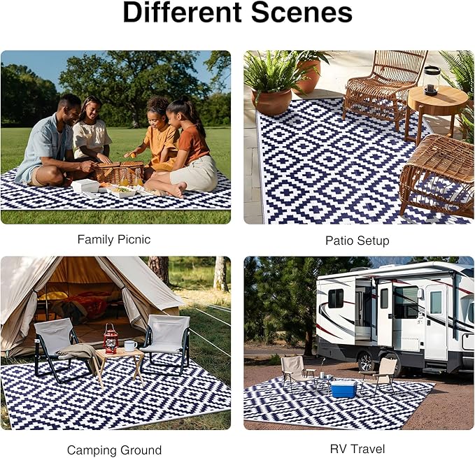 OLANLY Waterproof Outdoor Rug 4x6 ft, Outdoor Plastic Straw Rug for Camping, RV Mat Outside, Indoor Outdoor Carpet for Porch, Deck, Backyard, Balcony, Picnic, Navy & White
