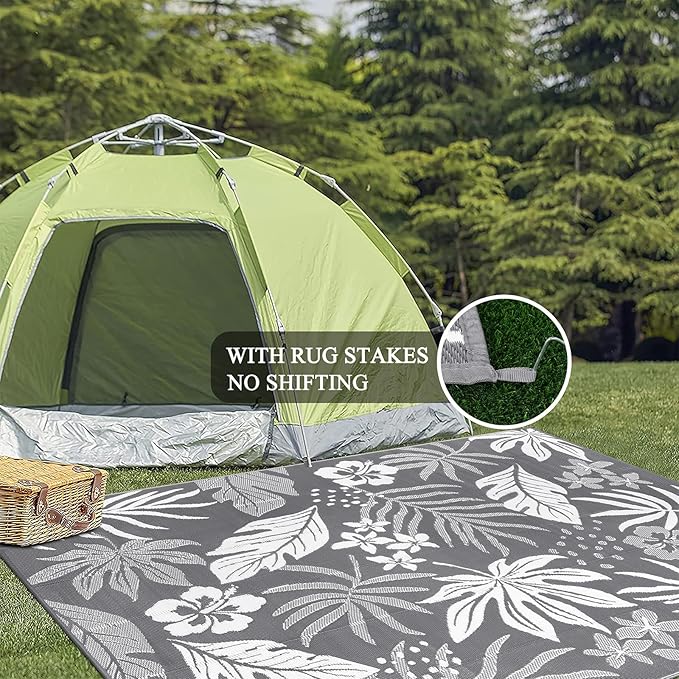 Pauwer Waterproof Outdoor Rug 8x10, Reversible Plastic Straw Patio Camping Rug, Indoor Outdoor RV Mat Carpet for Deck, Camper, Porch, Balcony, Backyard, Picnic, Floral Grey