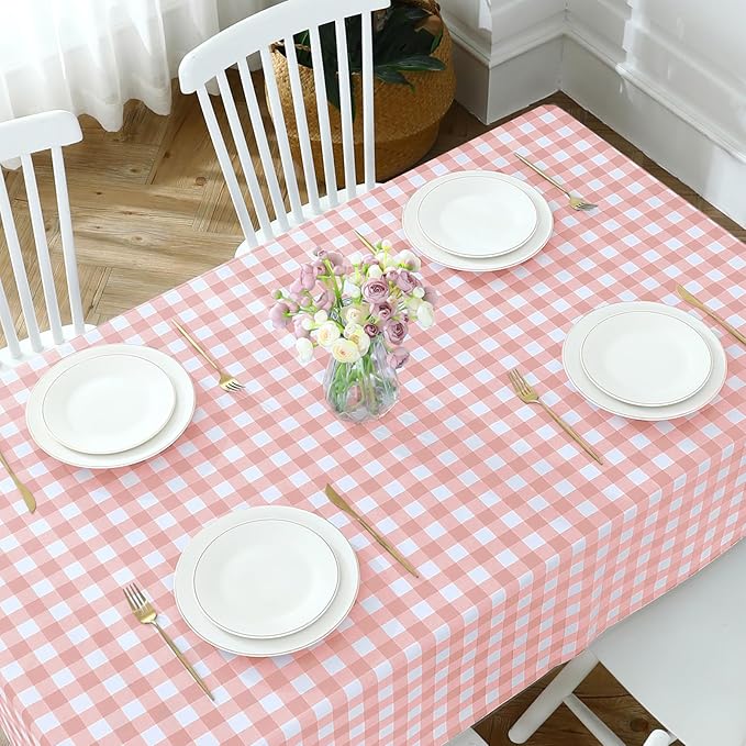 Romanstile Rectangle Plastic Tablecloth, 100% Waterproof Oil-Proof Checkered PVC Table Cloth, Heavy Duty Vinyl Table Cover for Dining, Camping, Picnic, Outdoor - 54 x 54 Inch, Light Pink